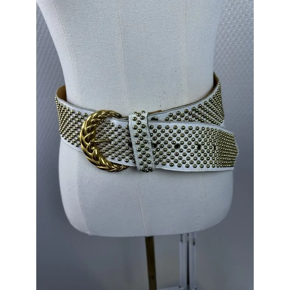 SAND CASTLE Vintage Studded Crystal Ivory Leather Belt Women's M (27”34